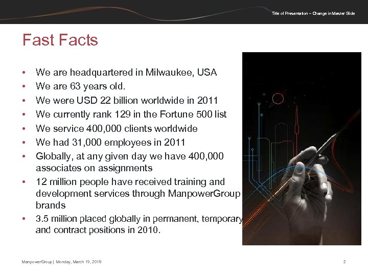 Title of Presentation – Change in Master Slide Fast Facts • • • We