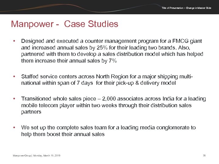 Title of Presentation – Change in Master Slide Manpower - Case Studies • Designed