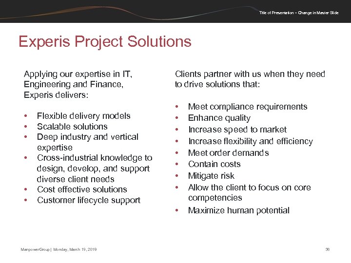 Title of Presentation – Change in Master Slide Experis Project Solutions Applying our expertise