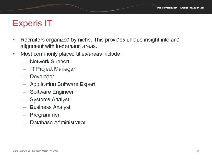 Title of Presentation – Change in Master Slide Experis IT • • Recruiters organized