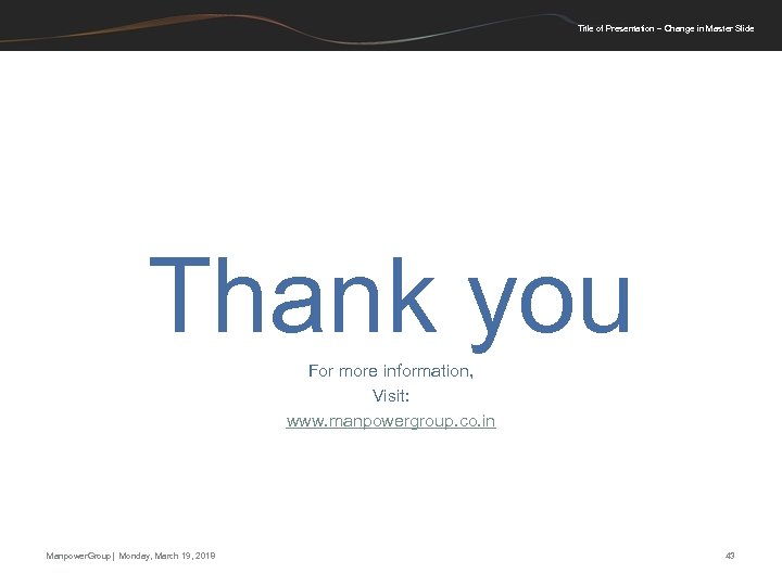 Title of Presentation – Change in Master Slide Thank you For more information, Visit: