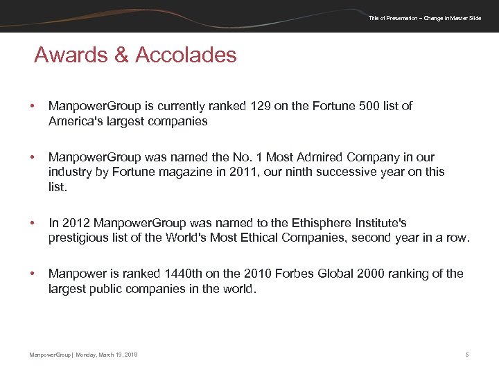 Title of Presentation – Change in Master Slide Awards & Accolades • Manpower. Group