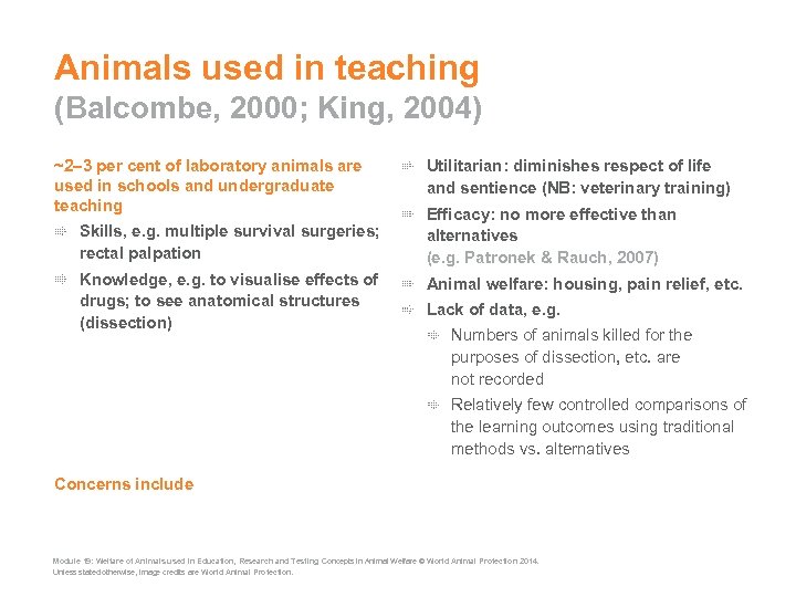 Animals used in teaching (Balcombe, 2000; King, 2004) ~2 3 per cent of laboratory