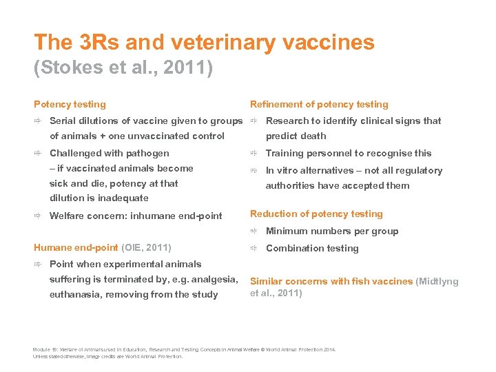 The 3 Rs and veterinary vaccines (Stokes et al. , 2011) Potency testing Refinement