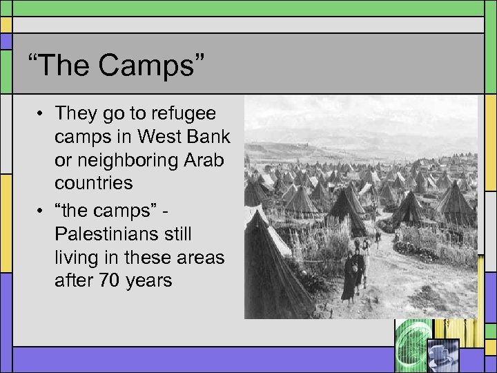 “The Camps” • They go to refugee camps in West Bank or neighboring Arab