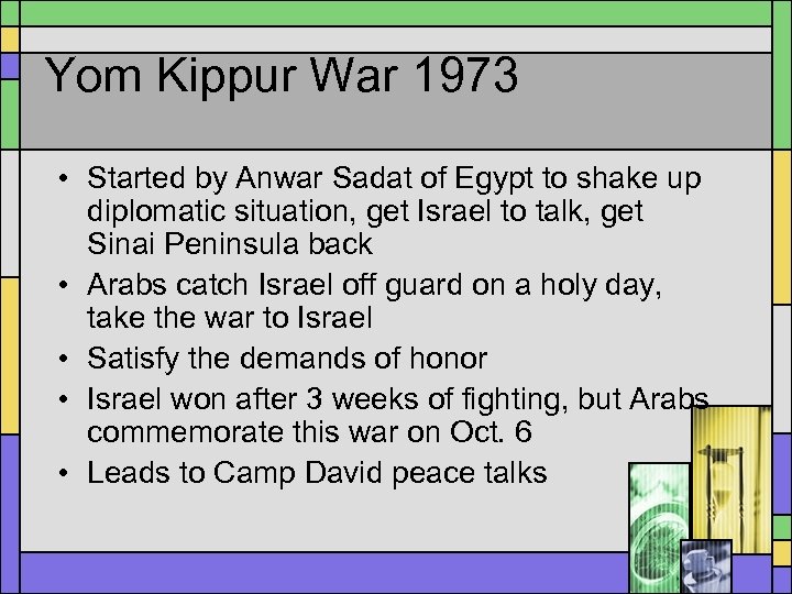 Yom Kippur War 1973 • Started by Anwar Sadat of Egypt to shake up
