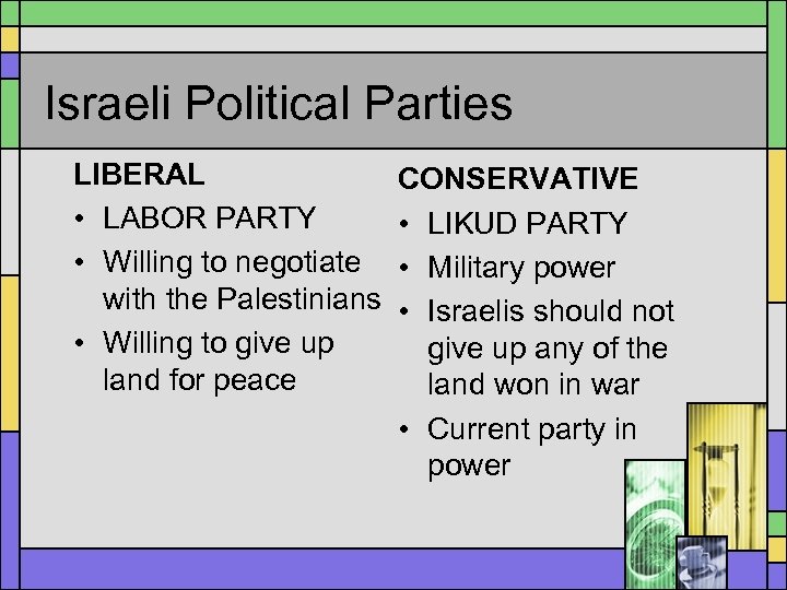 Israeli Political Parties LIBERAL • LABOR PARTY • Willing to negotiate with the Palestinians
