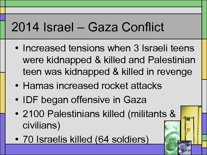 2014 Israel – Gaza Conflict • Increased tensions when 3 Israeli teens were kidnapped