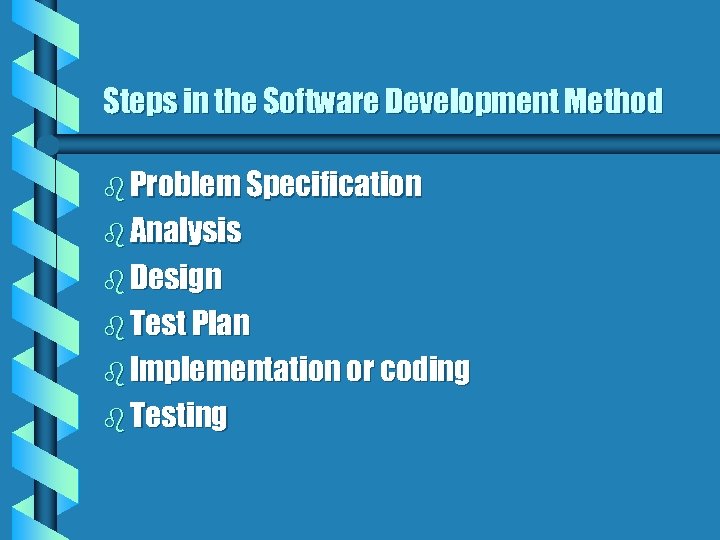 Steps in the Software Development Method b Problem Specification b Analysis b Design b