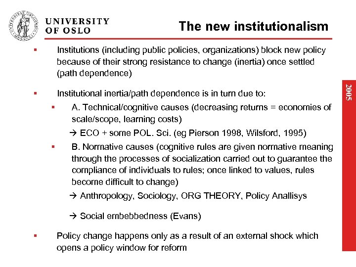 The new institutionalism Institutions (including public policies, organizations) block new policy because of their