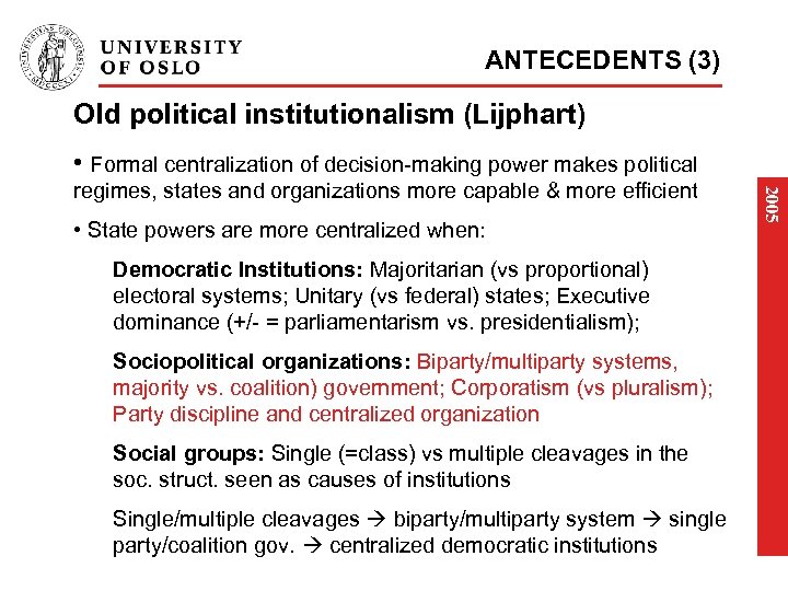 ANTECEDENTS (3) Old political institutionalism (Lijphart) • Formal centralization of decision-making power makes political