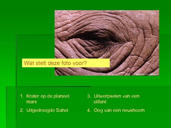Wat stelt deze foto voor? 1. Krater op de planeet mars 3. Uitwerpselen van