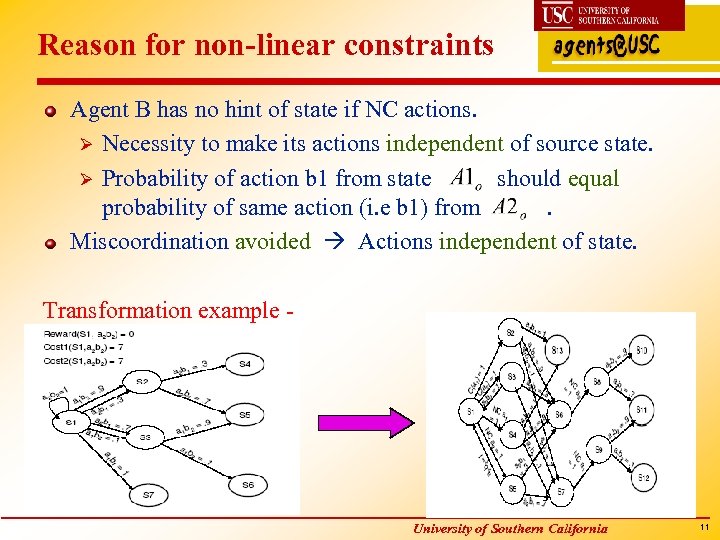Reason for non-linear constraints Agent B has no hint of state if NC actions.
