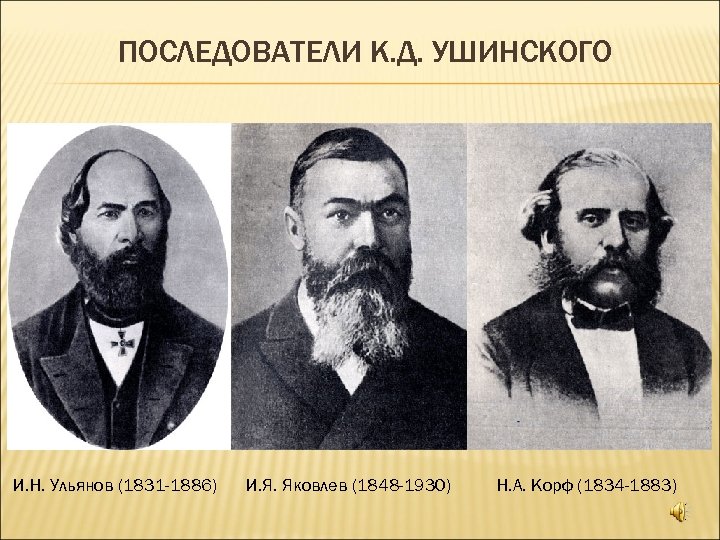 ПОСЛЕДОВАТЕЛИ К. Д. УШИНСКОГО И. Н. Ульянов (1831 -1886) И. Я. Яковлев (1848 -1930)