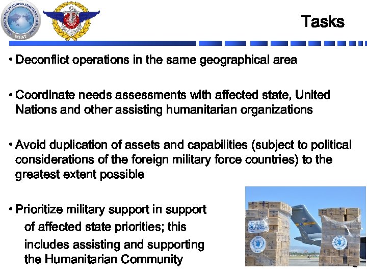 Tasks • Deconflict operations in the same geographical area • Coordinate needs assessments with