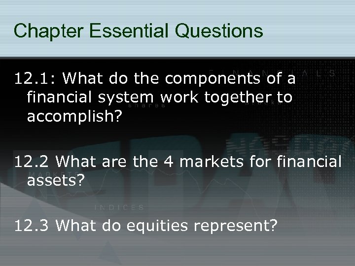 Chapter Essential Questions 12. 1: What do the components of a financial system work