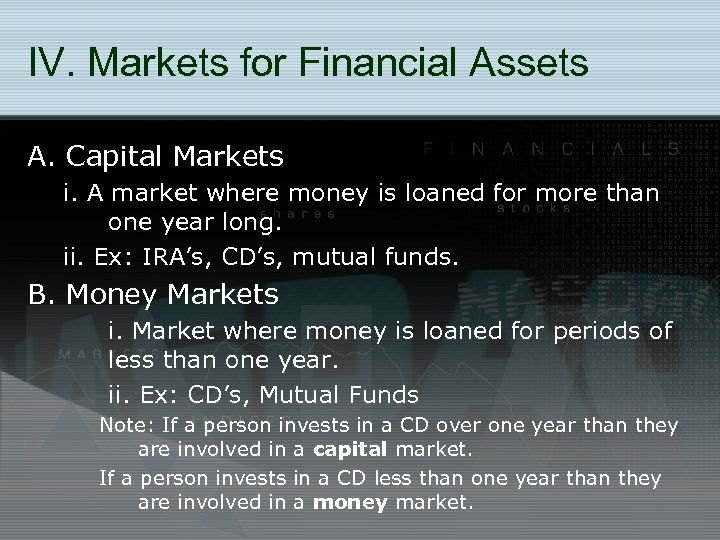 IV. Markets for Financial Assets A. Capital Markets i. A market where money is