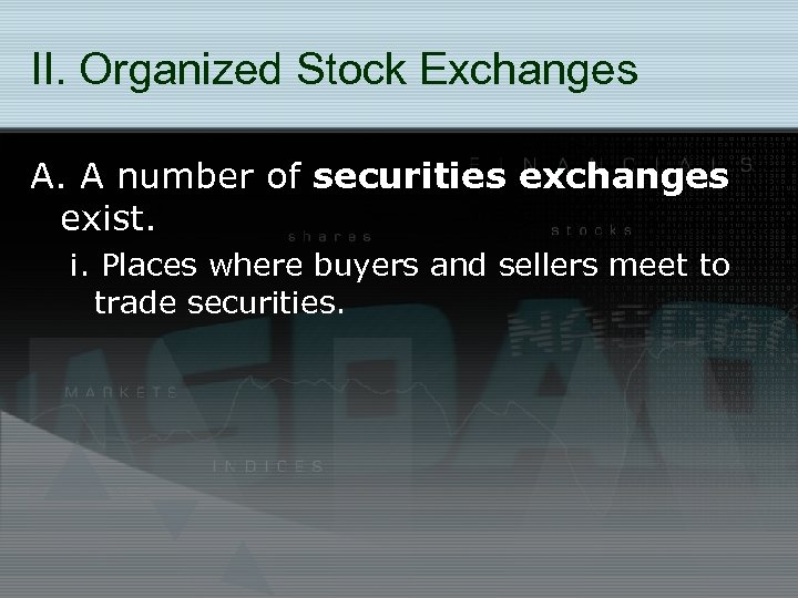 II. Organized Stock Exchanges A. A number of securities exchanges exist. i. Places where