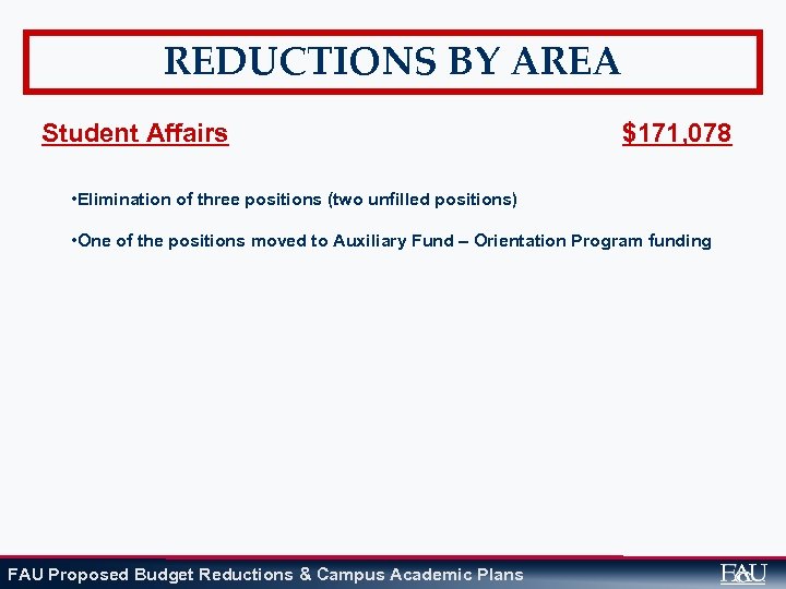 REDUCTIONS BY AREA Student Affairs $171, 078 • Elimination of three positions (two unfilled