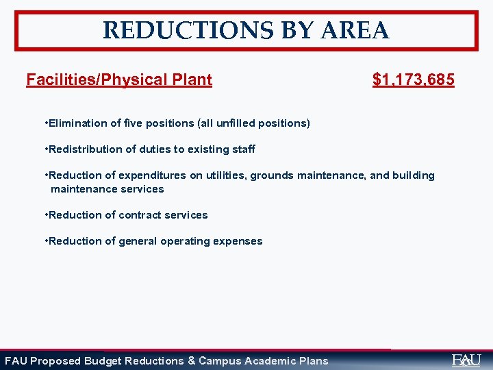 REDUCTIONS BY AREA Facilities/Physical Plant $1, 173, 685 • Elimination of five positions (all