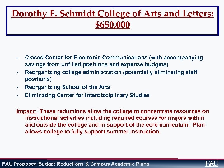 Dorothy F. Schmidt College of Arts and Letters: $650, 000 • • Closed Center