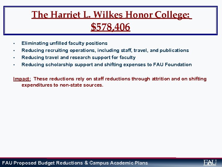 The Harriet L. Wilkes Honor College: $578, 406 • • Eliminating unfilled faculty positions