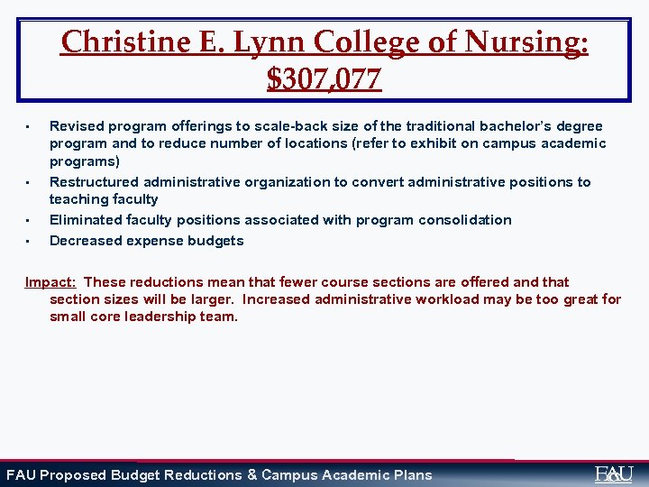 Christine E. Lynn College of Nursing: $307, 077 • • Revised program offerings to