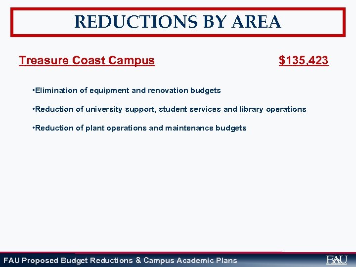 REDUCTIONS BY AREA Treasure Coast Campus $135, 423 • Elimination of equipment and renovation