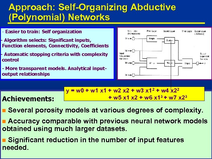 Approach: Self-Organizing Abductive (Polynomial) Networks - Easier to train: Self organization - Algorithm selects: