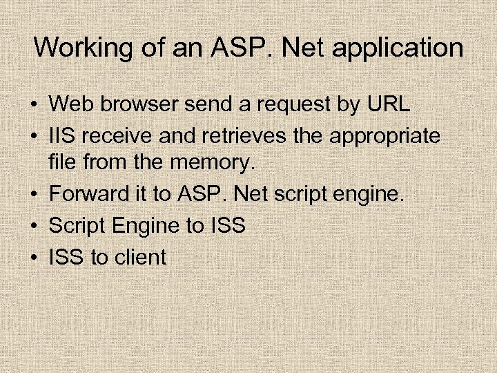 Working of an ASP. Net application • Web browser send a request by URL