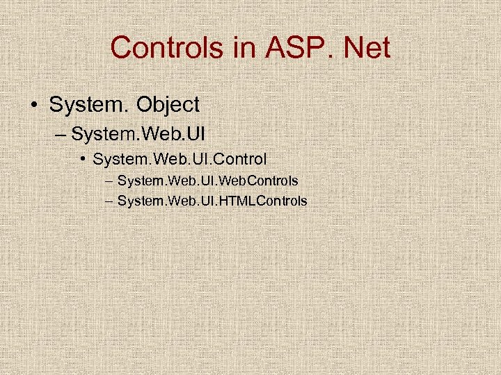 Controls in ASP. Net • System. Object – System. Web. UI • System. Web.