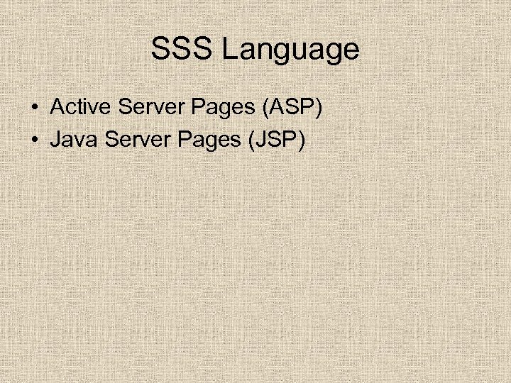 SSS Language • Active Server Pages (ASP) • Java Server Pages (JSP) 