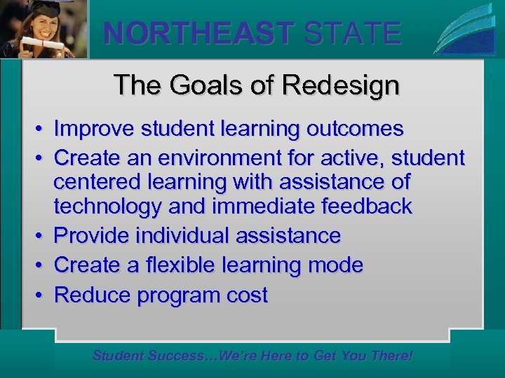 NORTHEAST STATE The Goals of Redesign • Improve student learning outcomes • Create an