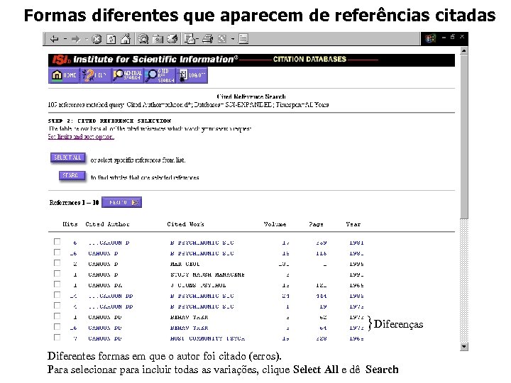 Formas diferentes que aparecem de referências citadas }Diferenças Diferentes formas em que o autor