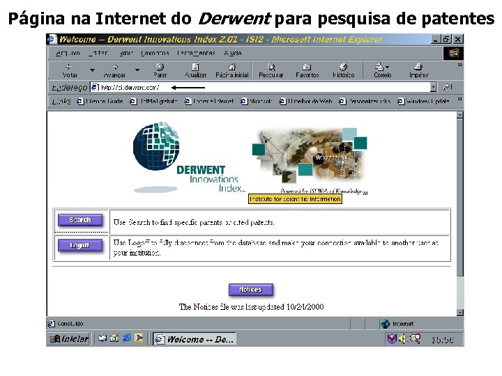 Página na Internet do Derwent para pesquisa de patentes 