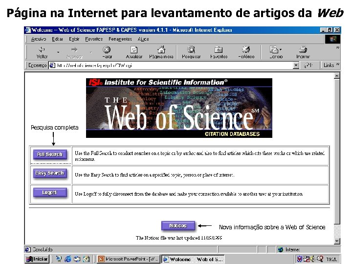 Página na Internet para levantamento de artigos da Web Pesquisa completa Nova informação sobre