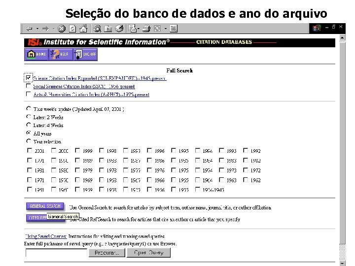Seleção do banco de dados e ano do arquivo 