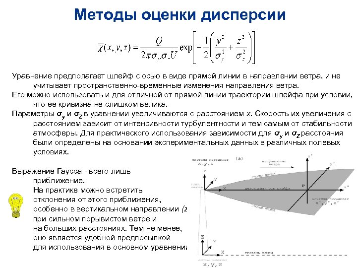 Методы оценки дисперсии Уравнение предполагает шлейф с осью в виде прямой линии в направлении