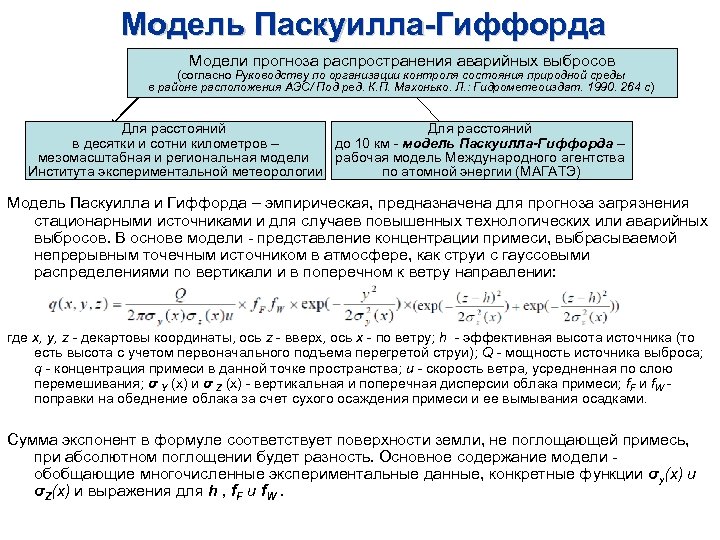 Модель Паскуилла-Гиффорда Модели прогноза распространения аварийных выбросов (согласно Руководству по организации контроля состояния природной