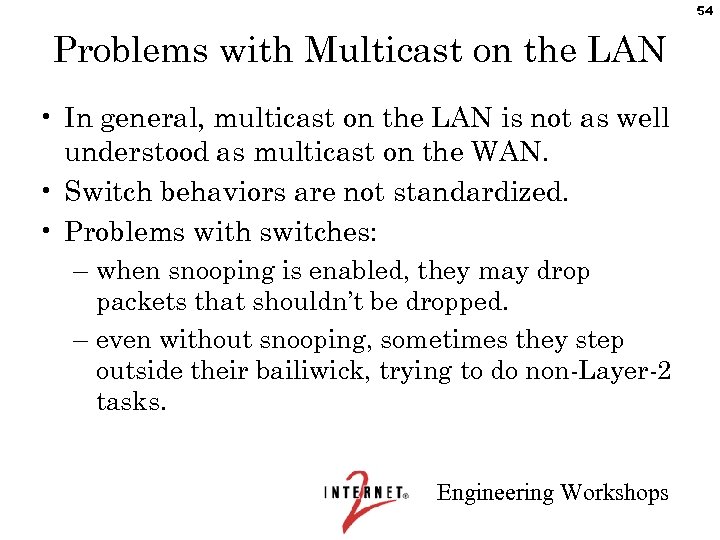 54 Problems with Multicast on the LAN • In general, multicast on the LAN