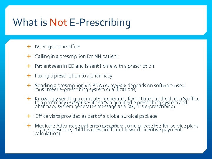 What is Not E-Prescribing IV Drugs in the office Calling in a prescription for