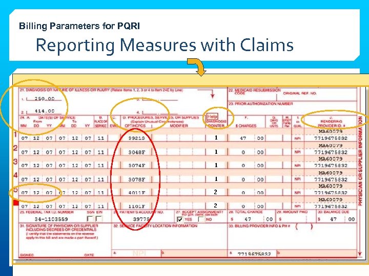 Billing Parameters for PQRI Reporting Measures with Claims C 