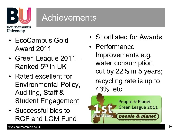 Achievements • Eco. Campus Gold Award 2011 • Green League 2011 – Ranked 5