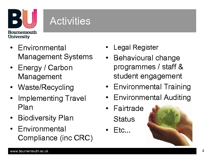Activities • Environmental Management Systems • Energy / Carbon Management • Waste/Recycling • Implementing