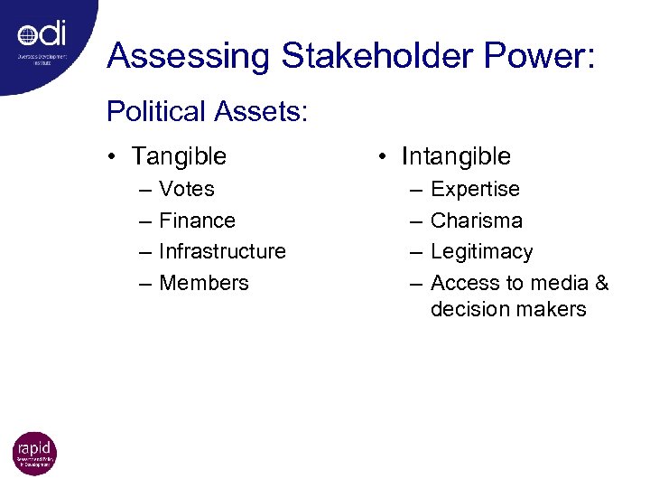Assessing Stakeholder Power: Political Assets: • Tangible – – Votes Finance Infrastructure Members •