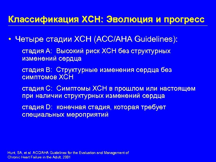 Классификация ХСН: Эволюция и прогресс • Четыре стадии ХСН (ACC/AHA Guidelines): стадия A: Высокий