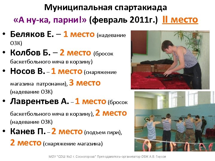 Муниципальная спартакиада «А ну-ка, парни!» (февраль 2011 г. ) II место • Беляков Е.
