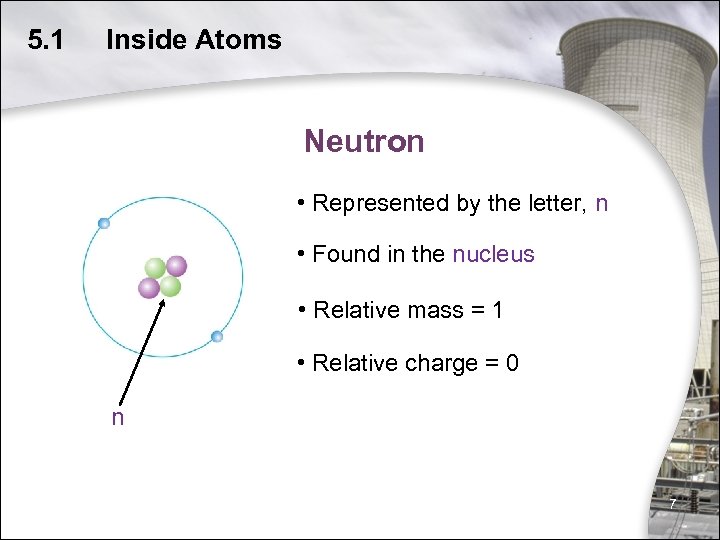 5. 1 Inside Atoms Neutron • Represented by the letter, n • Found in