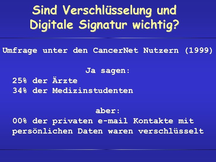 Sind Verschlüsselung und Digitale Signatur wichtig? Umfrage unter den Cancer. Net Nutzern (1999) Ja