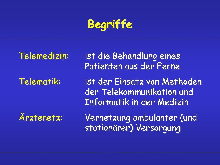 Begriffe Telemedizin: ist die Behandlung eines Patienten aus der Ferne. Telematik: ist der Einsatz